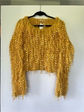 Cropped Yellow-Gold Fringe Sequin Knit Sweater